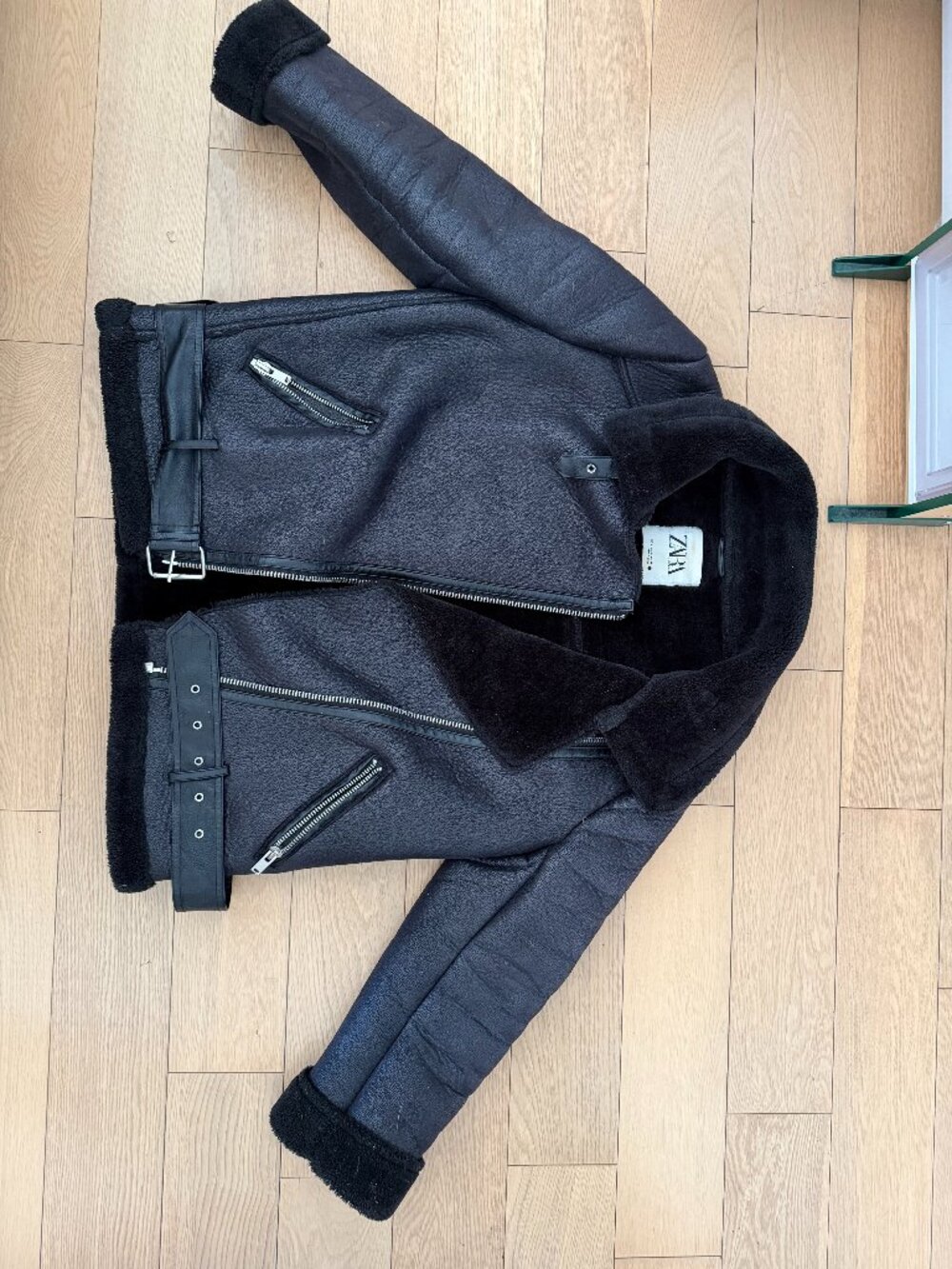 Zara Faux Shearling Aviator Biker Jacket Black Size Medium
